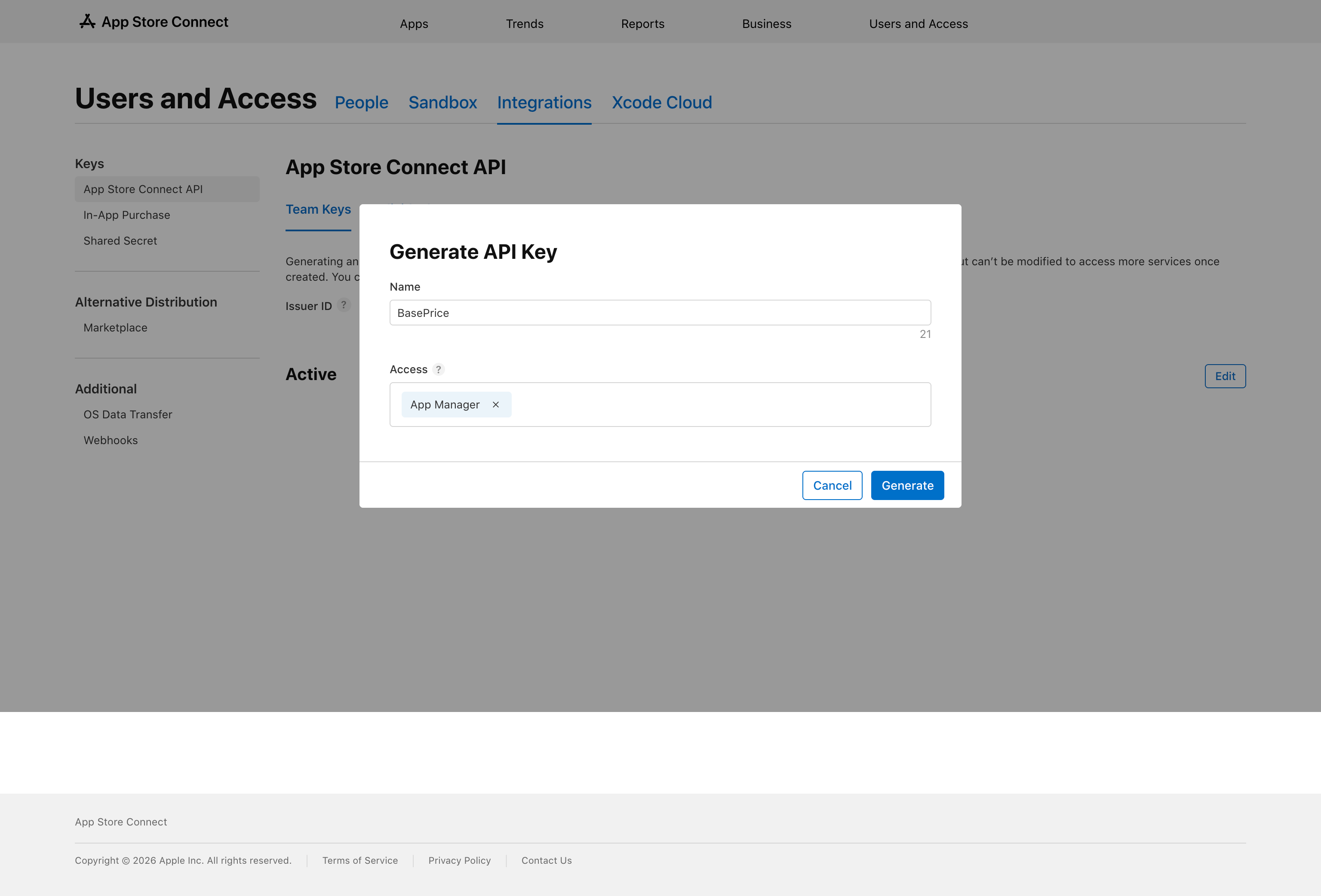 App Store Connect Generate API Key dialog with name set to BasePrice and access set to App Manager