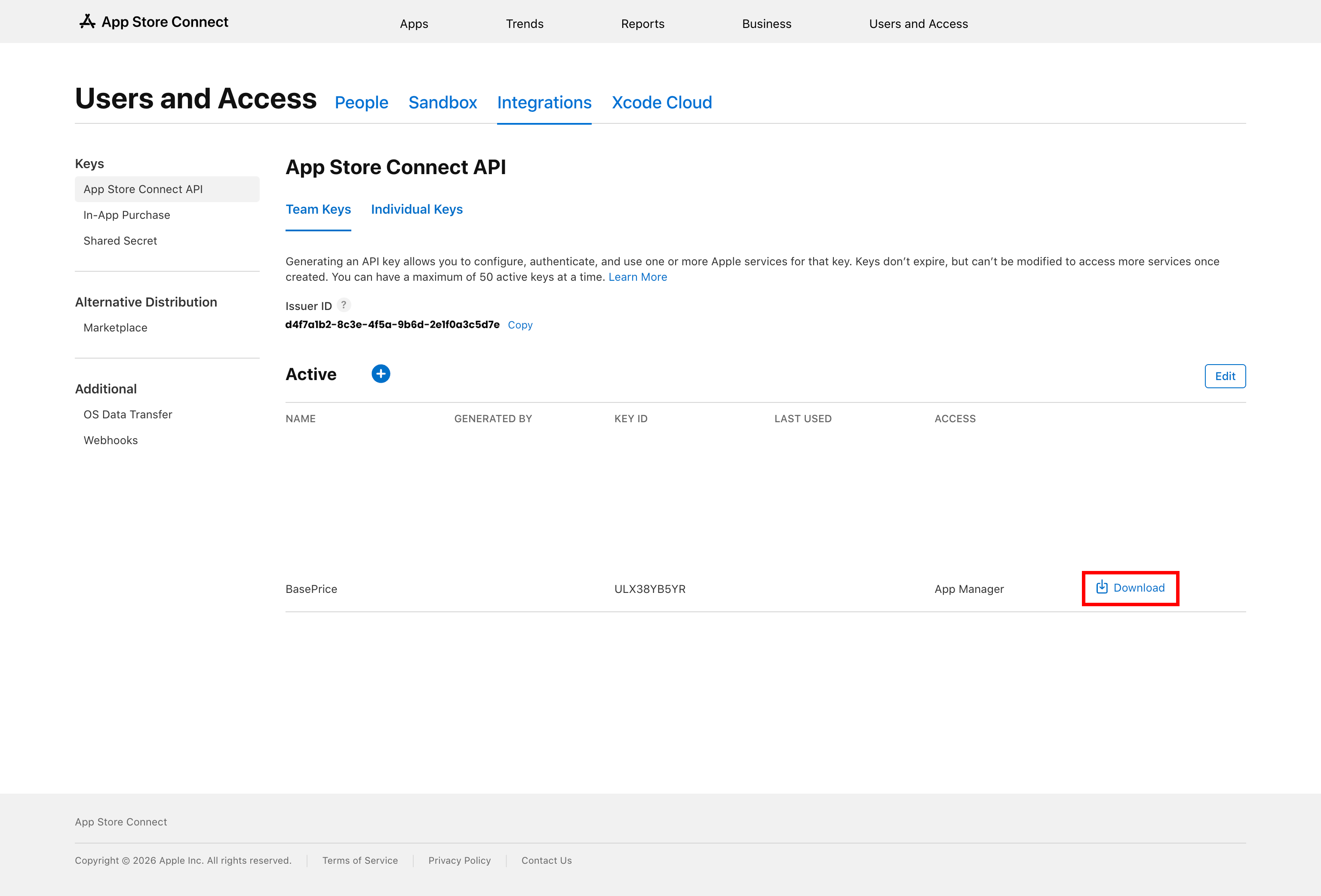 App Store Connect API keys list showing the Download button on the BasePrice key row
