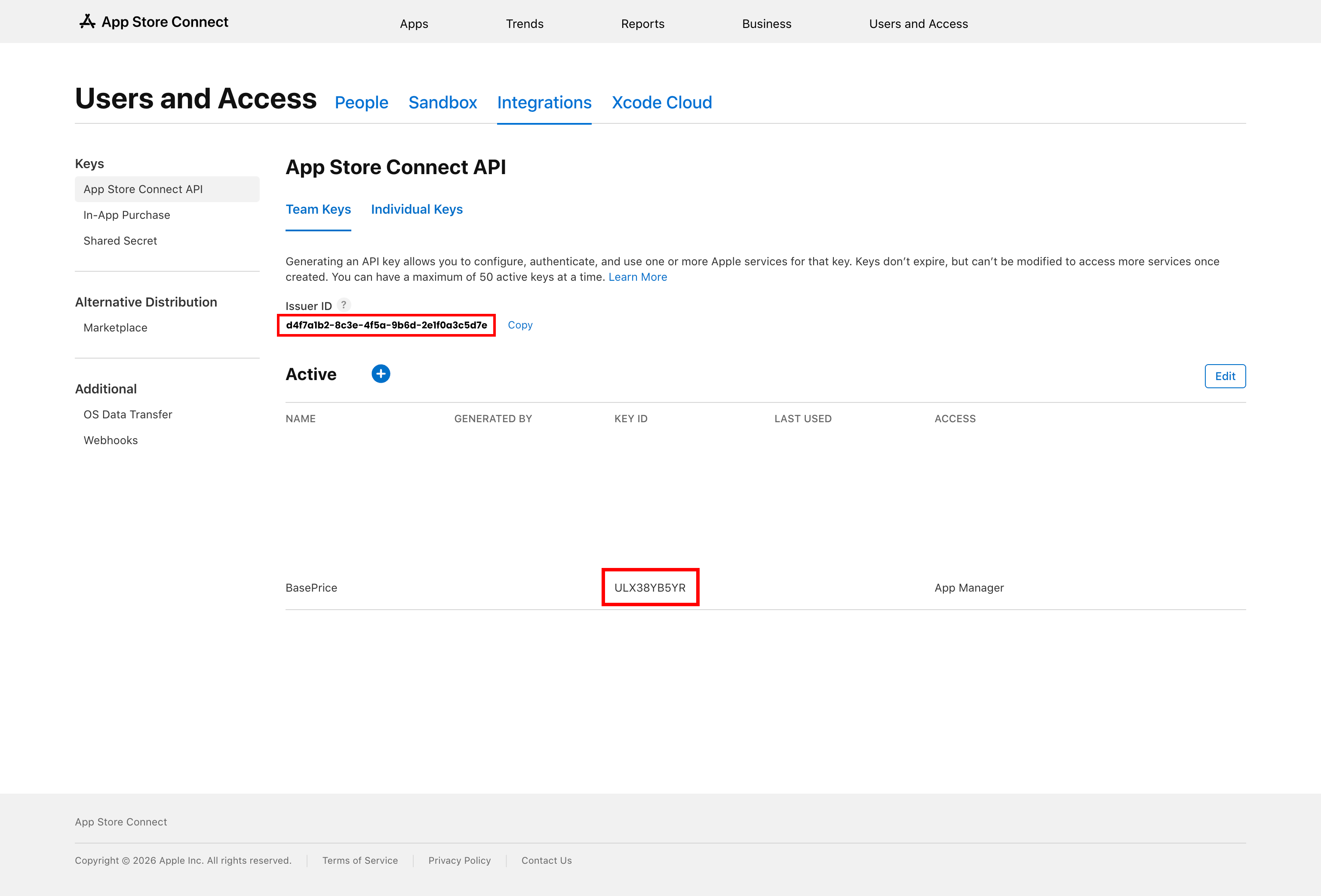 App Store Connect showing the Issuer ID highlighted above the table and the Key ID highlighted in the key row