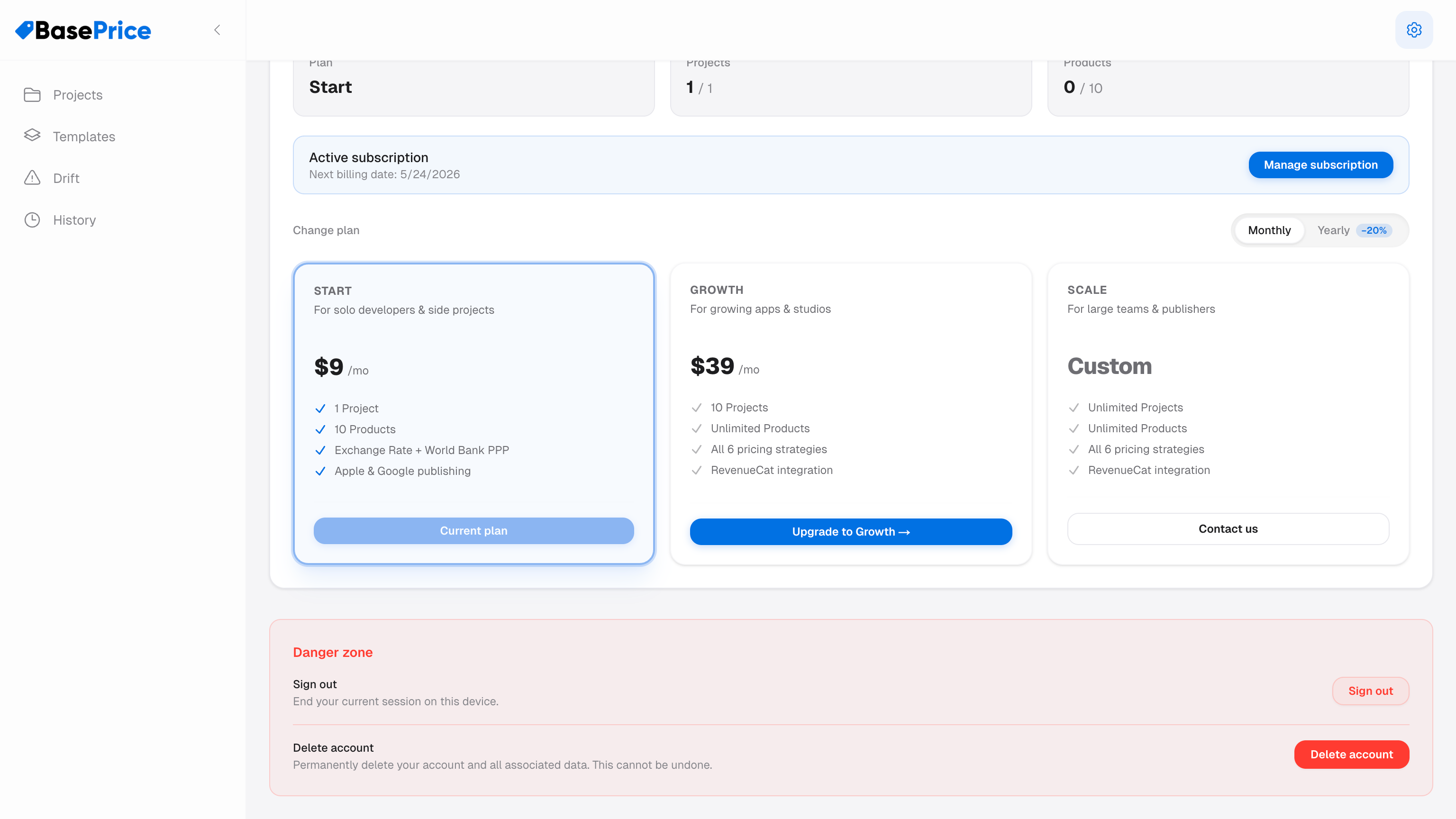 Billing page showing current plan and available upgrade options