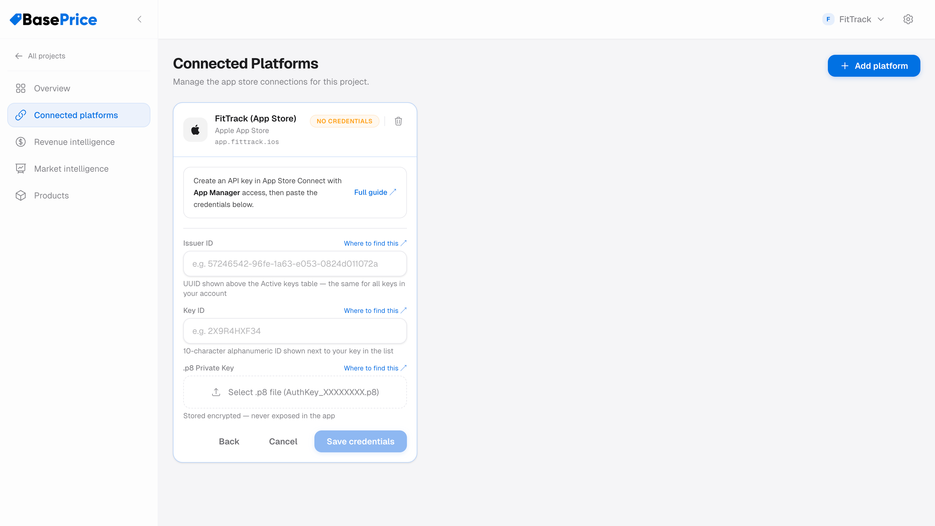 BasePrice Apple credential form with Issuer ID, Key ID, and .p8 Private Key fields