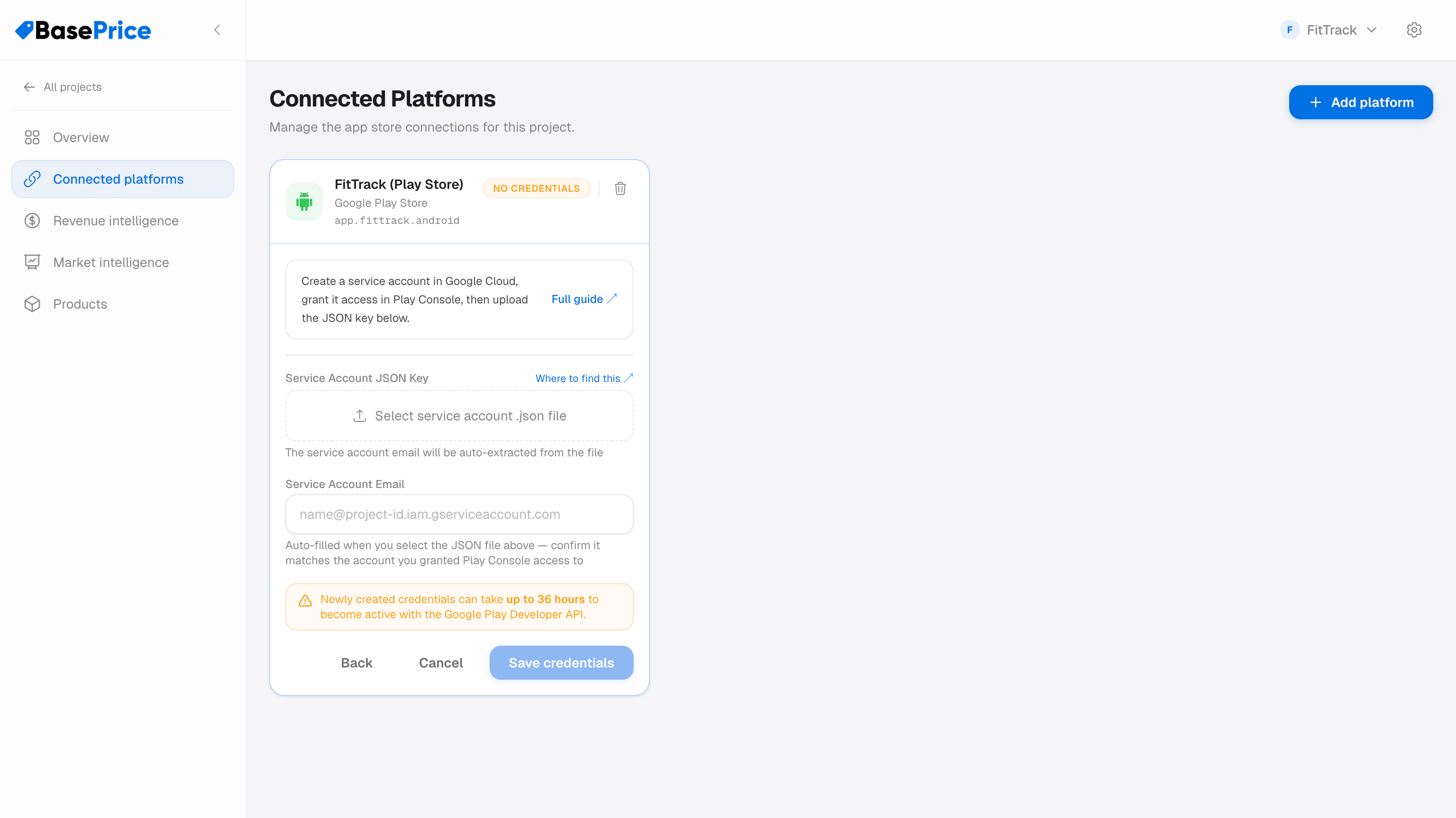 StoreListing Google Play credential form with JSON key upload and Service Account Email fields