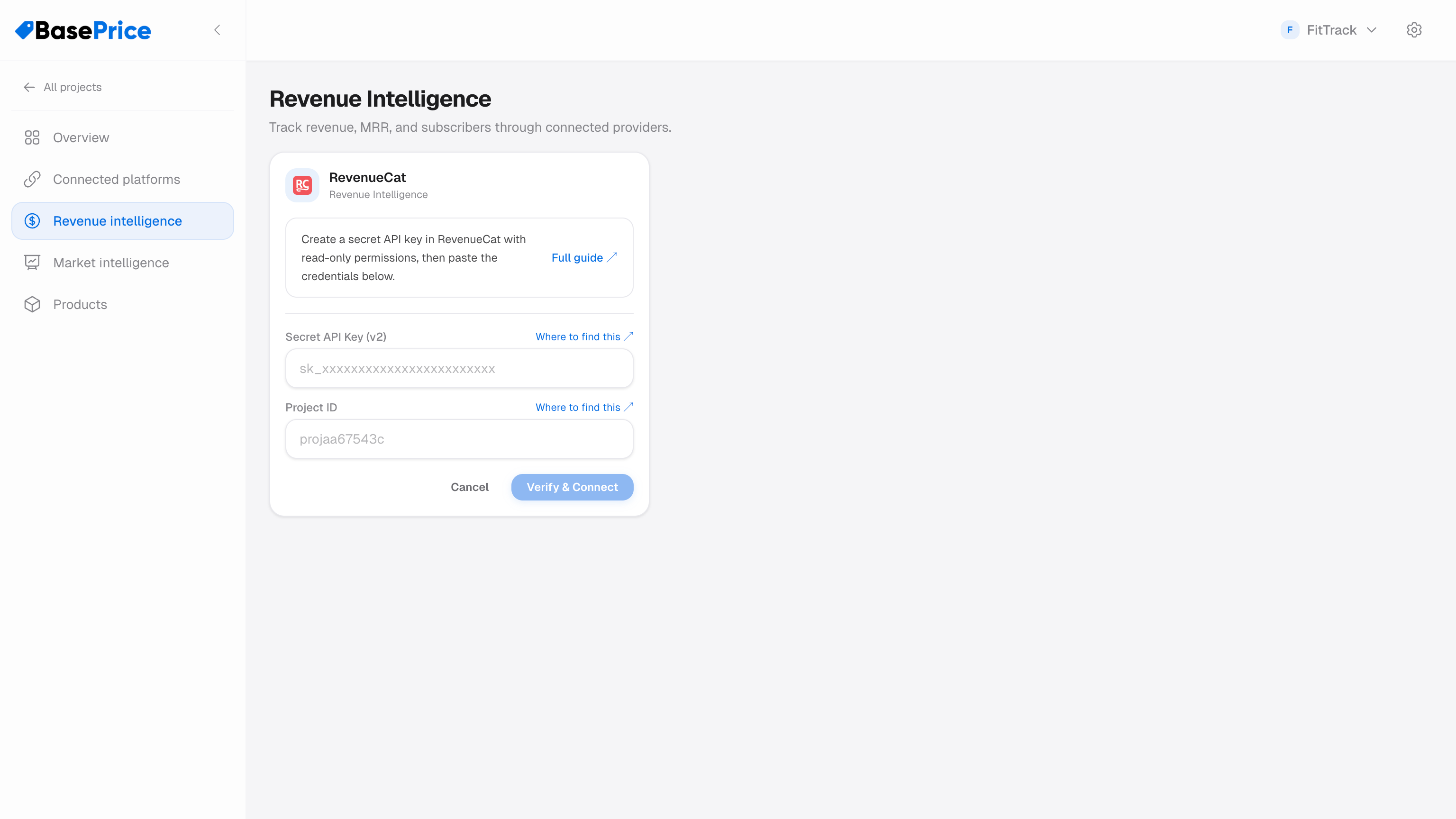 BasePrice RevenueCat setup form with Secret API Key and Project ID fields