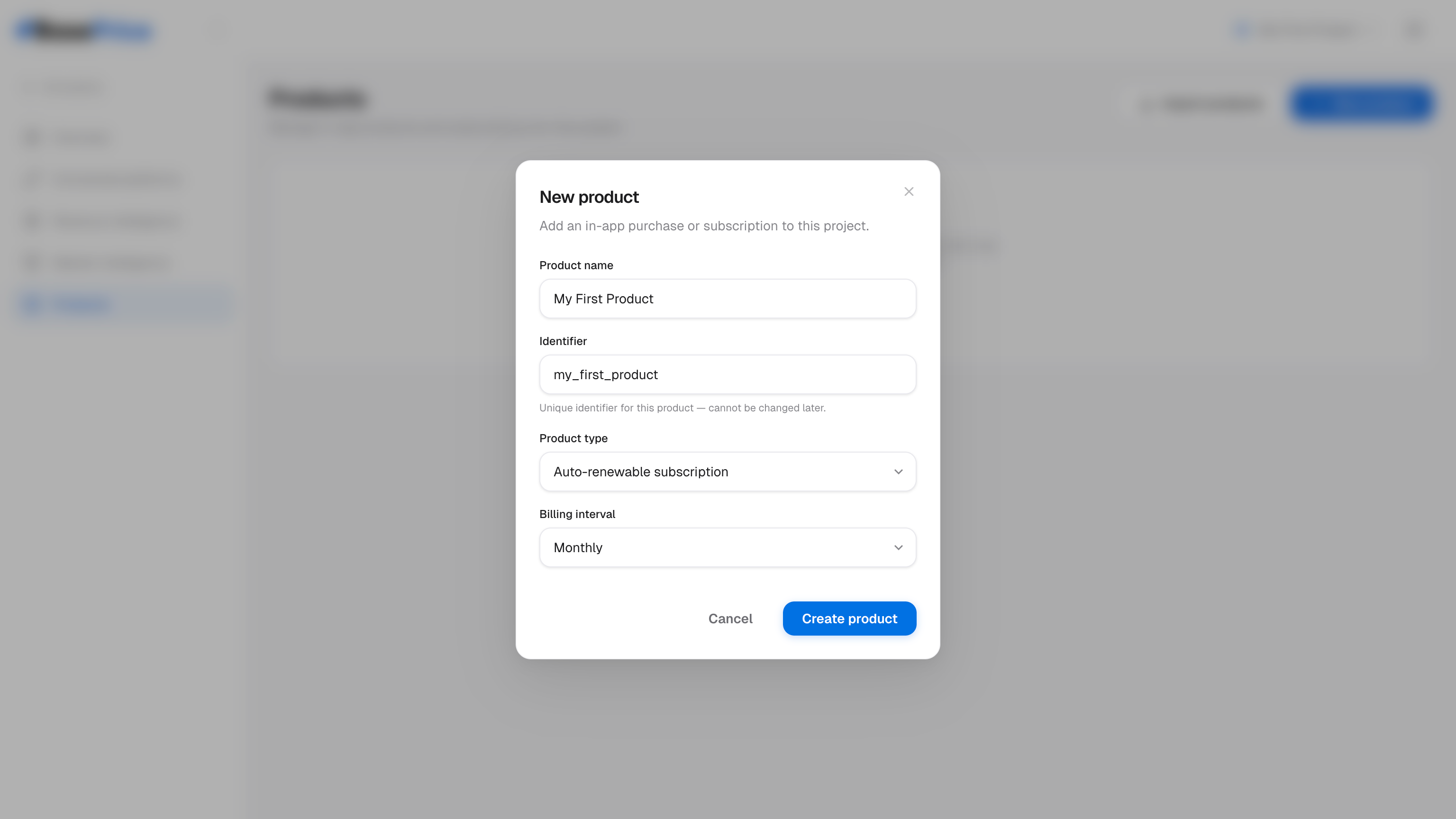 New product creation dialog with name, type, and interval fields