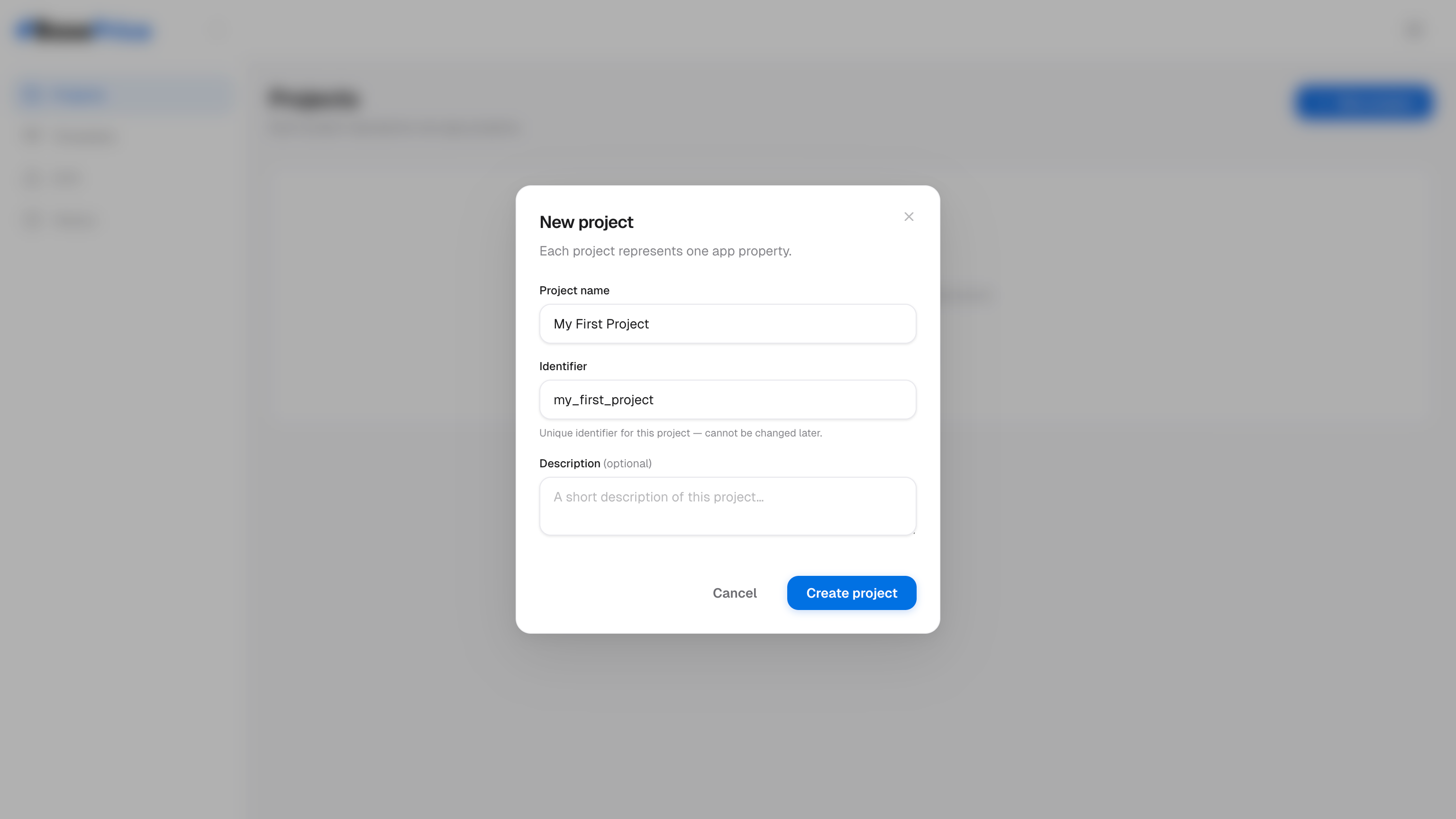 New project creation dialog with app name field