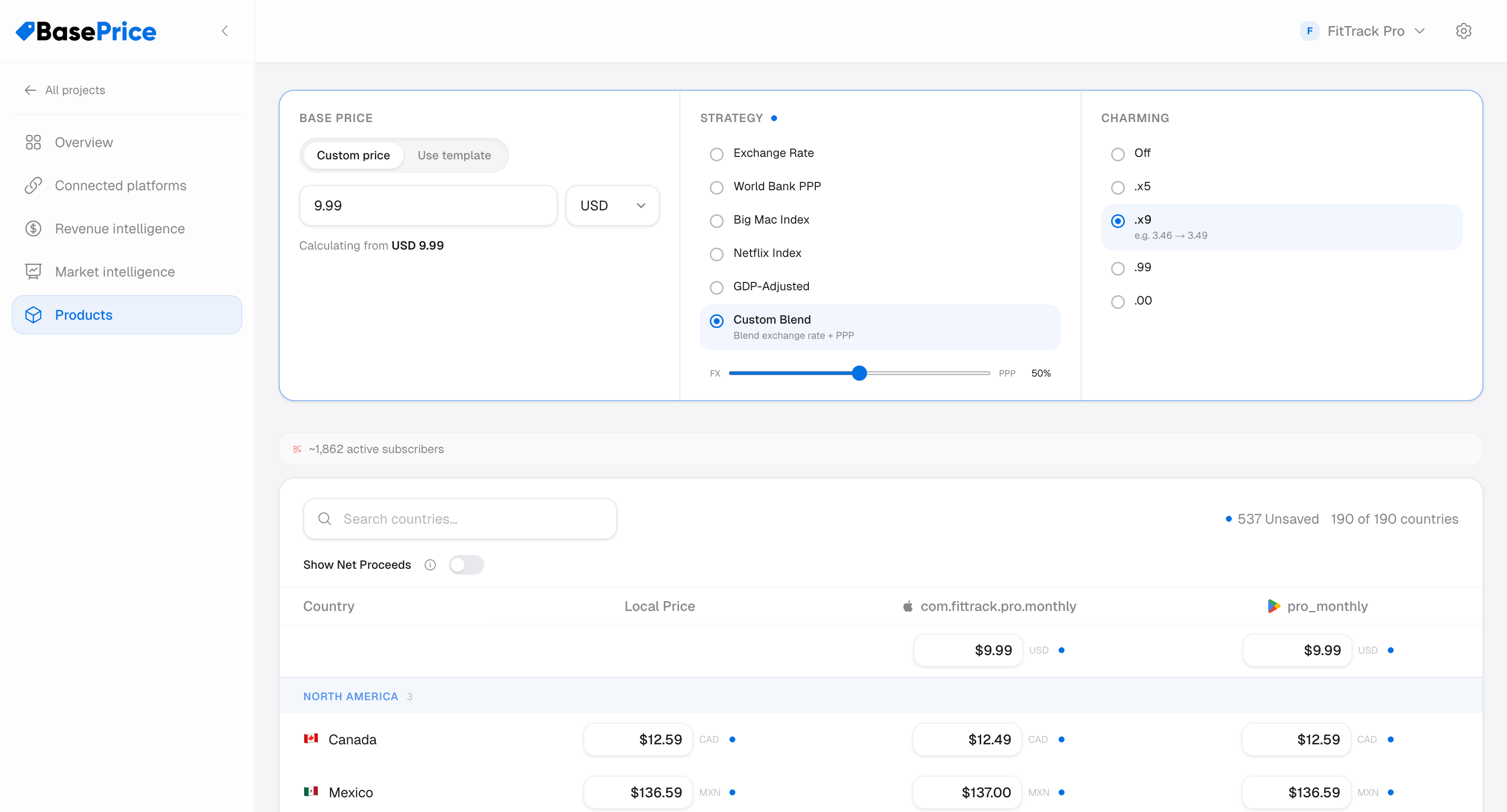 Custom blend slider showing weight between exchange rate and PPP