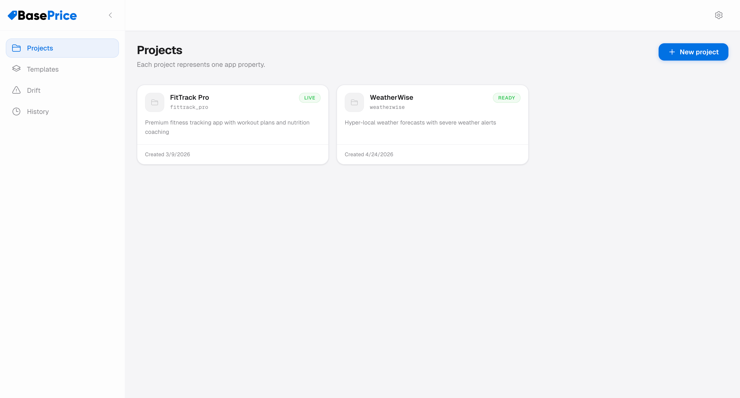 BasePrice dashboard showing projects, products, and pricing at a glance