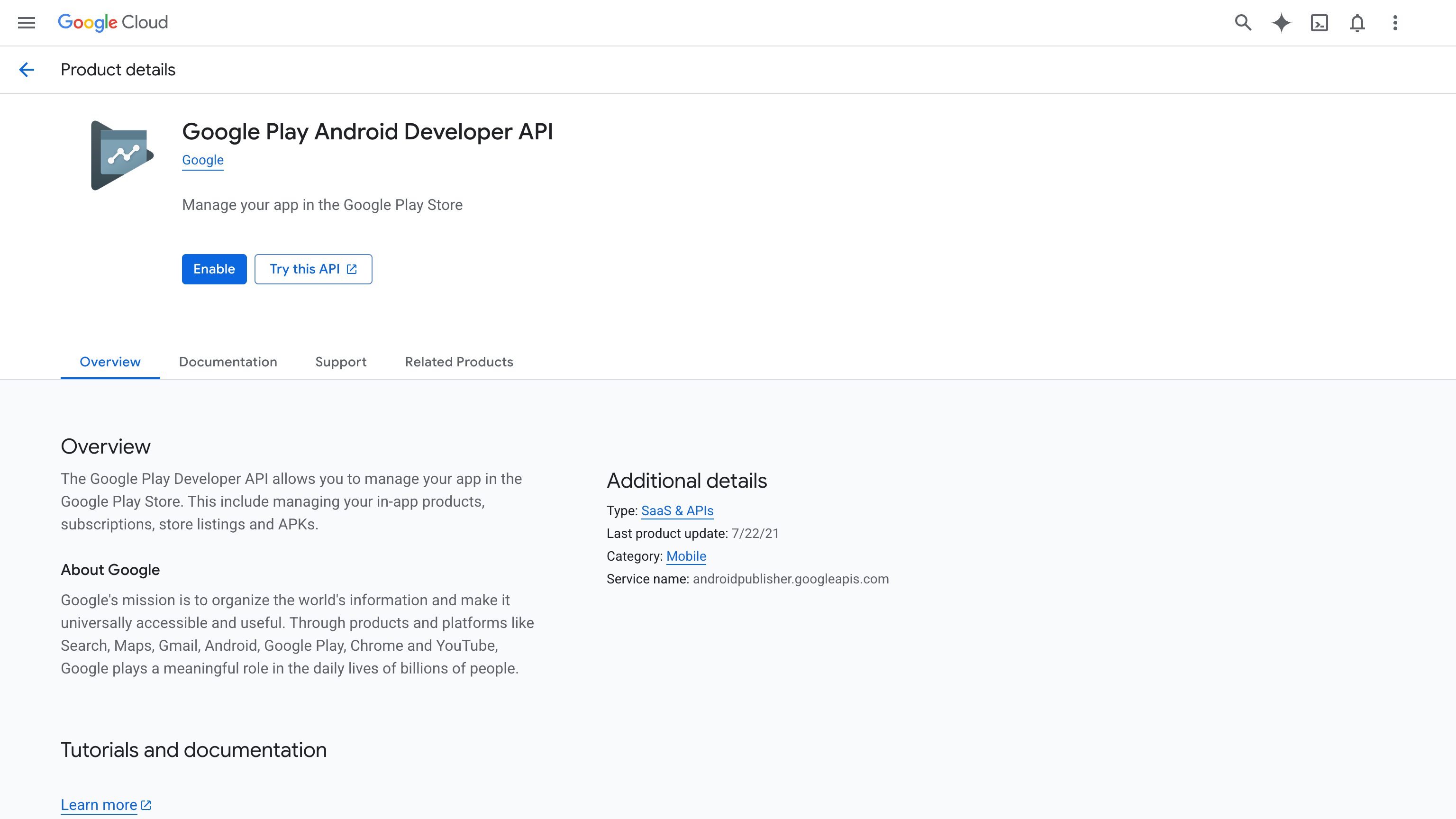 Google Cloud Console showing the Google Play Android Developer API with the Enable button