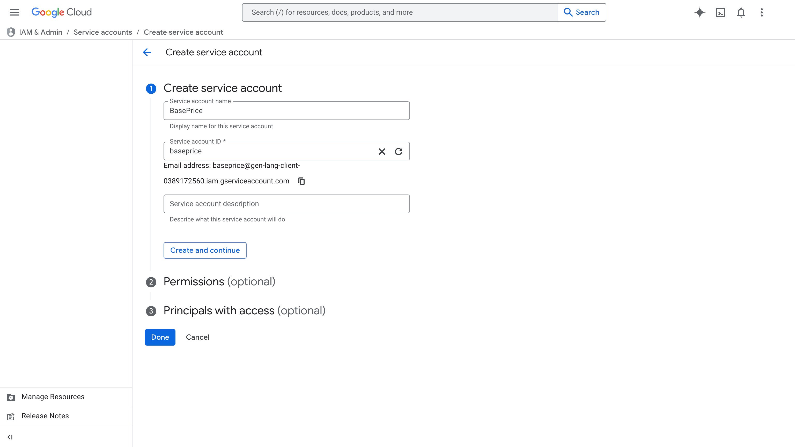 Google Cloud Console Create Service Account form with name StoreListing and auto-generated email address