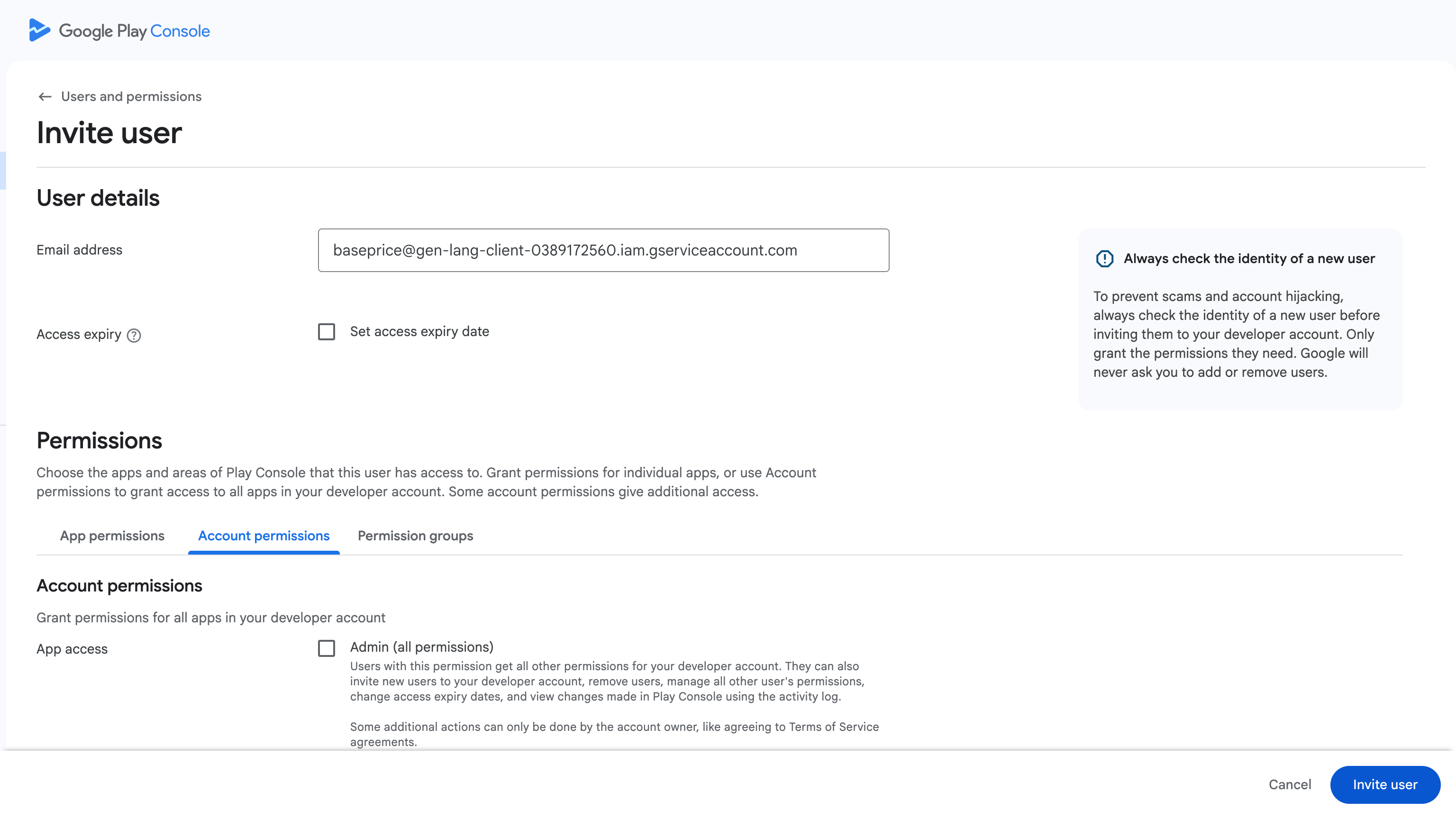 Google Play Console Invite user page showing the service account email and App permissions tab