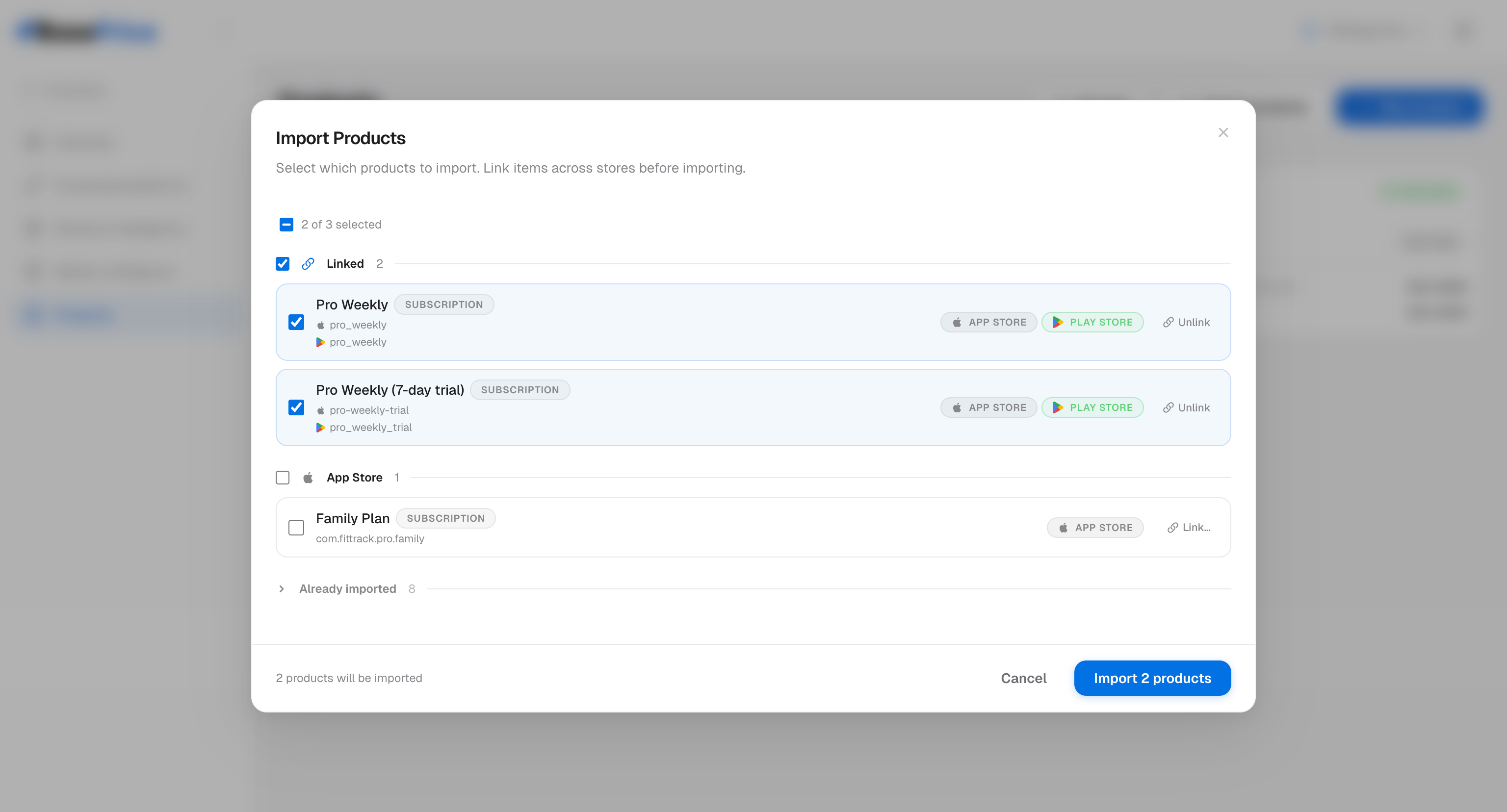 Import modal showing exact, normalized, and manual match indicators
