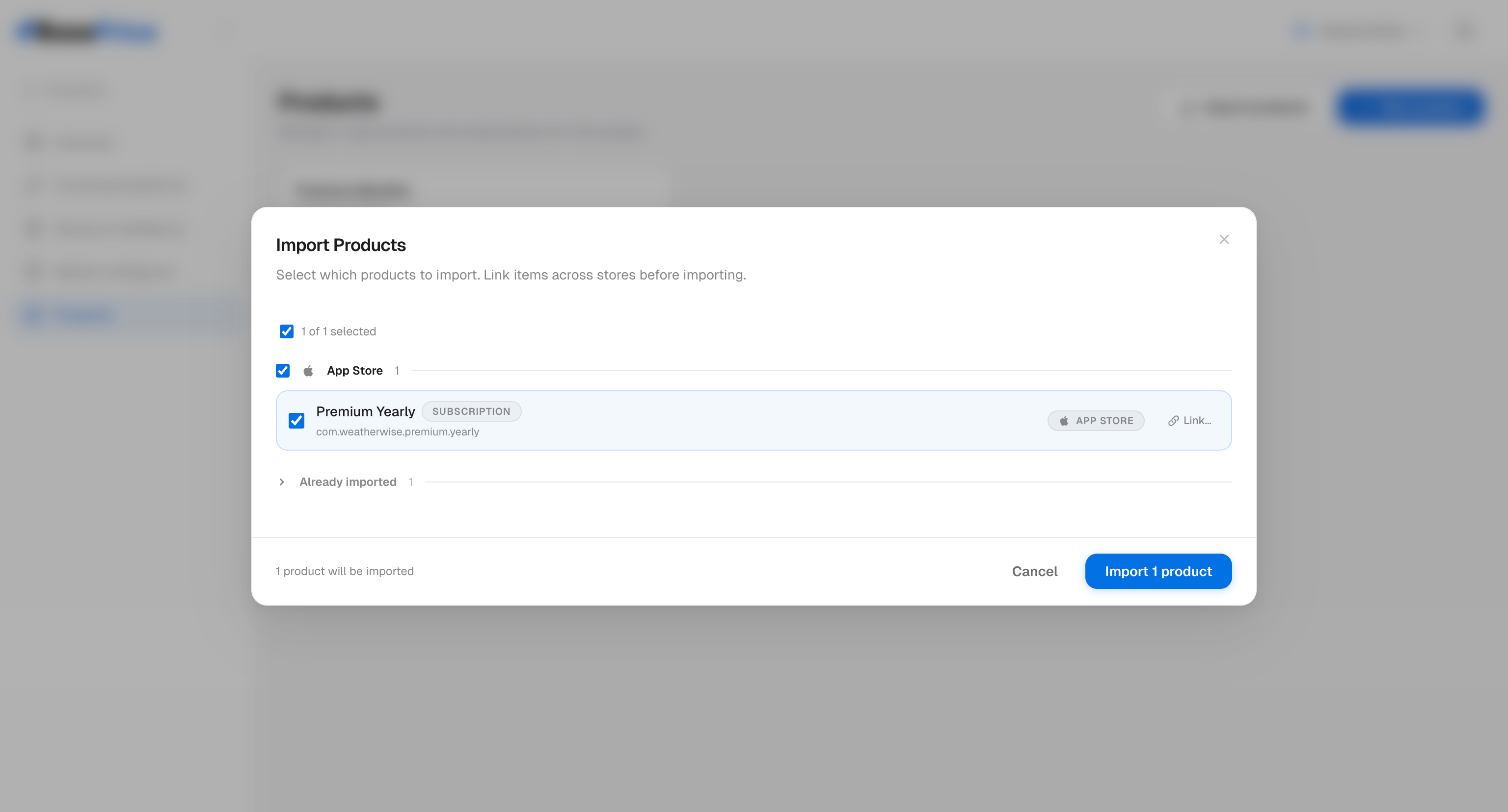 Import products modal showing matched products from Apple and Google