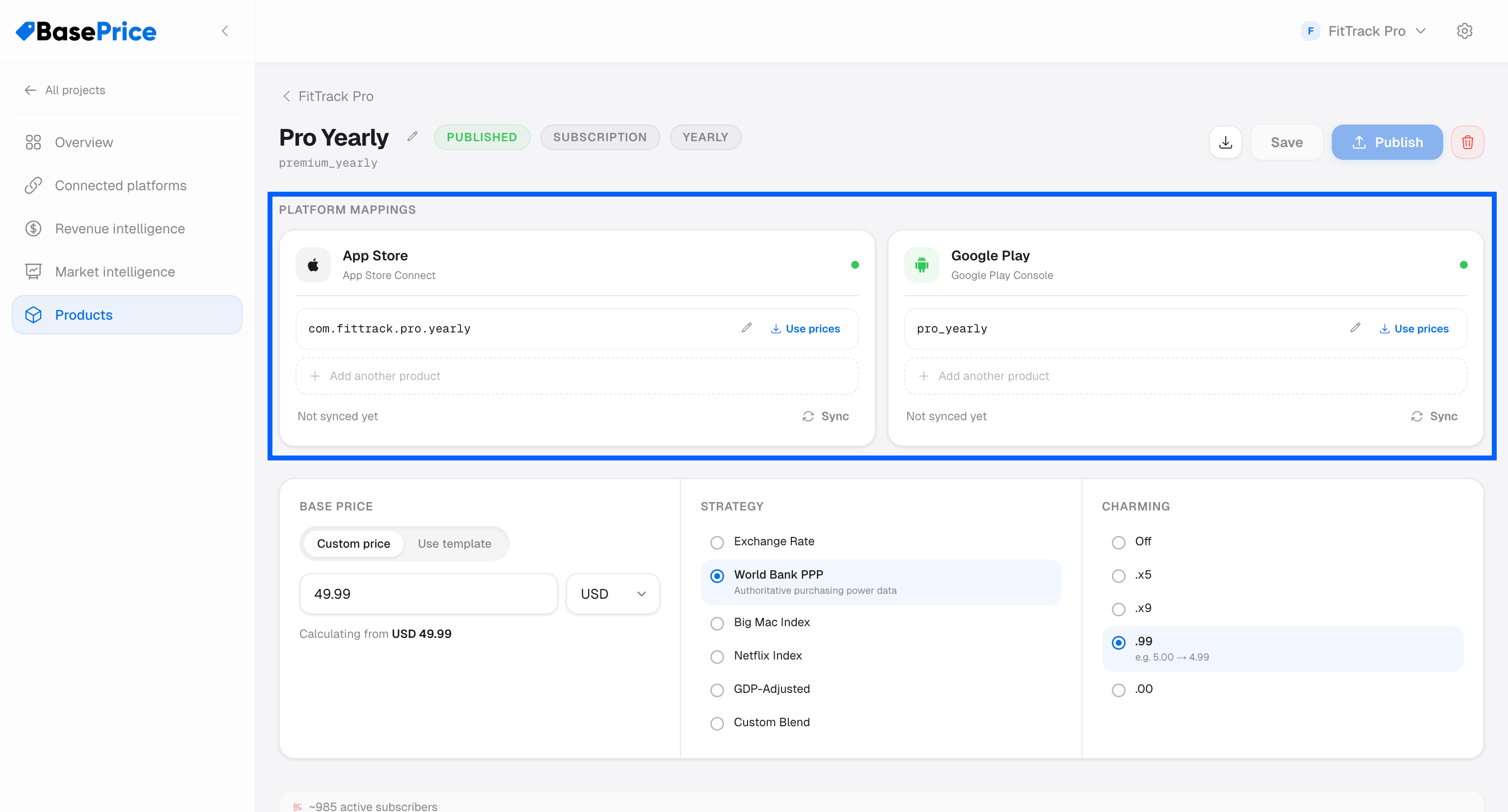 Platform mappings section showing Apple and Google products linked to one BasePrice product