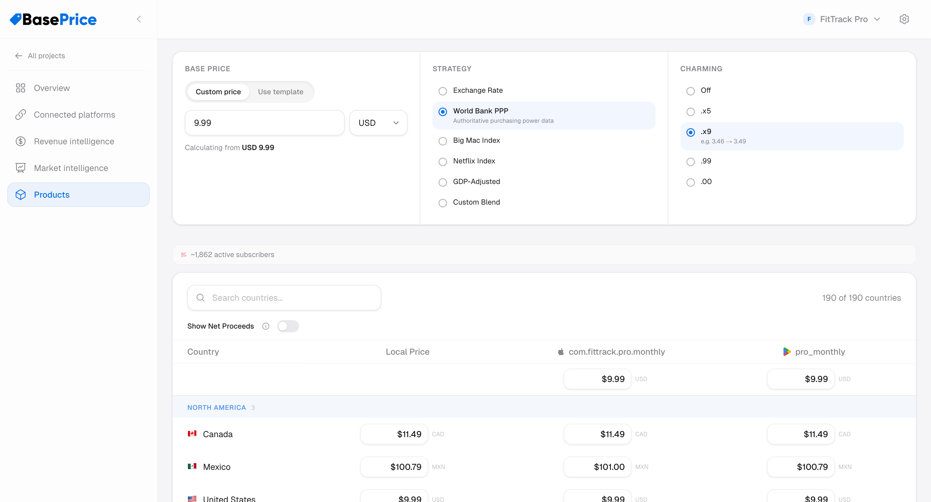 Pricing configuration panel showing base price, strategy selector, and charming options
