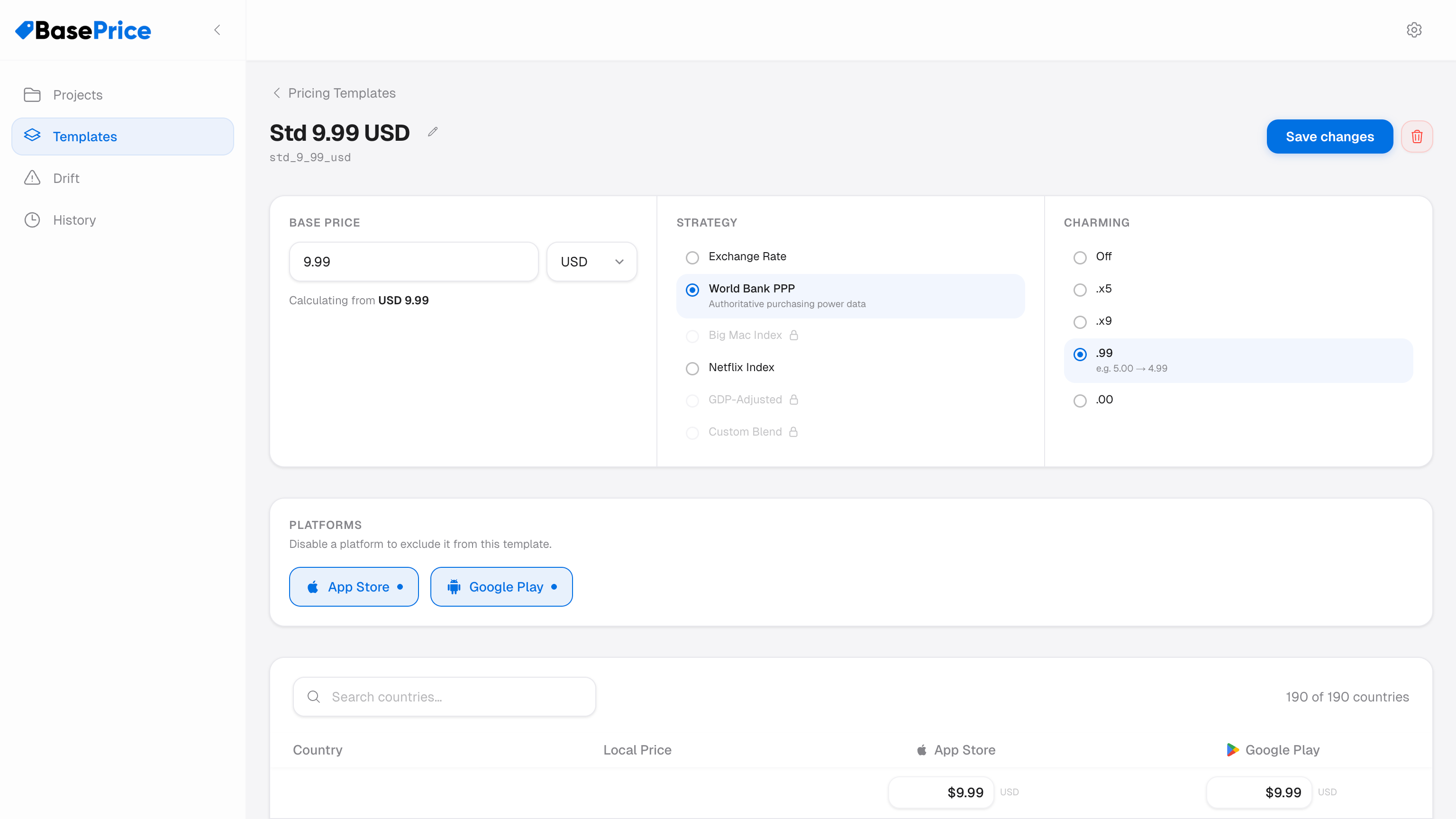 Pricing template configuration showing name, base price, strategy, and charming options