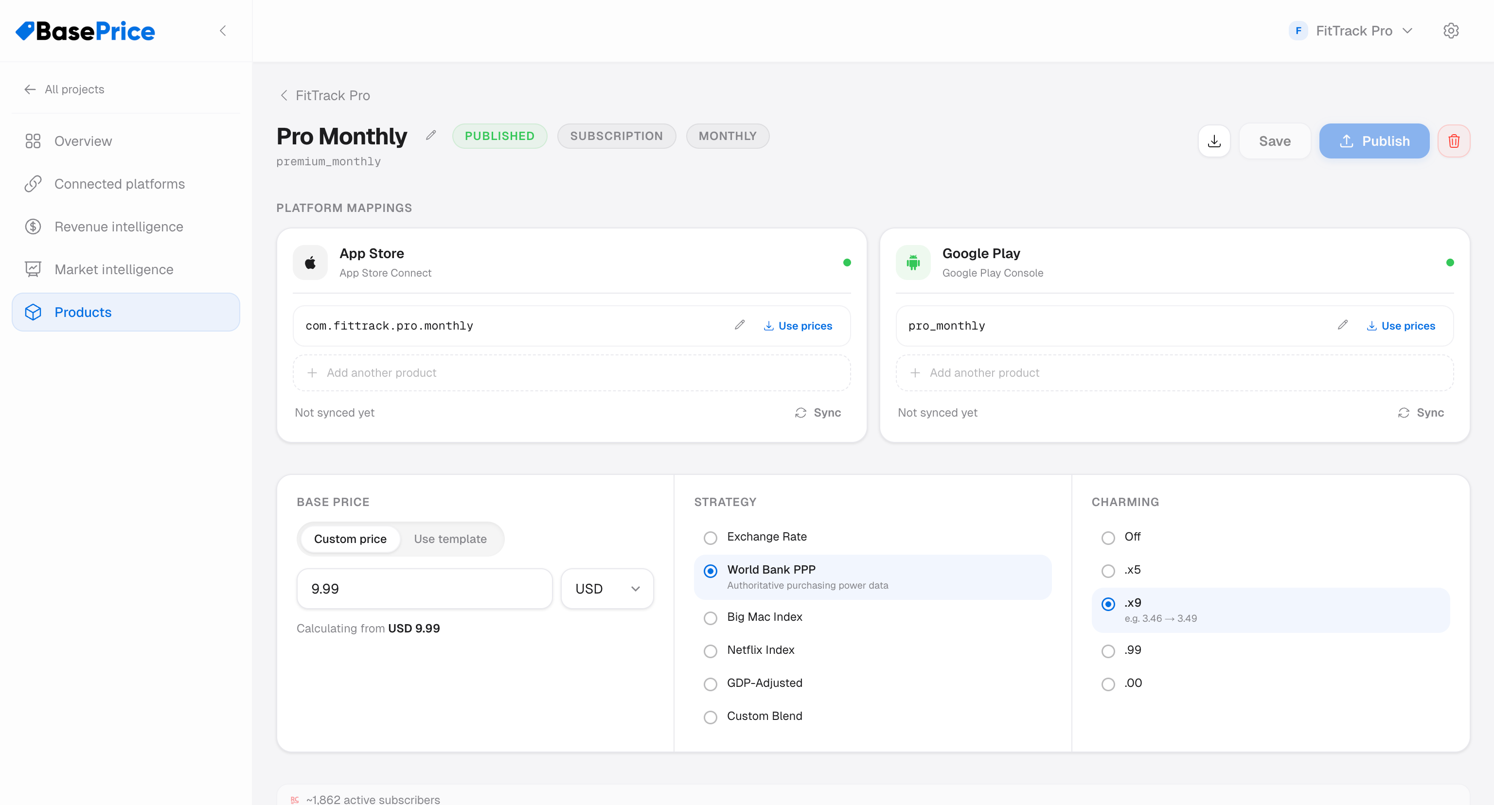 Product detail page showing name, type, platform mappings, and pricing
