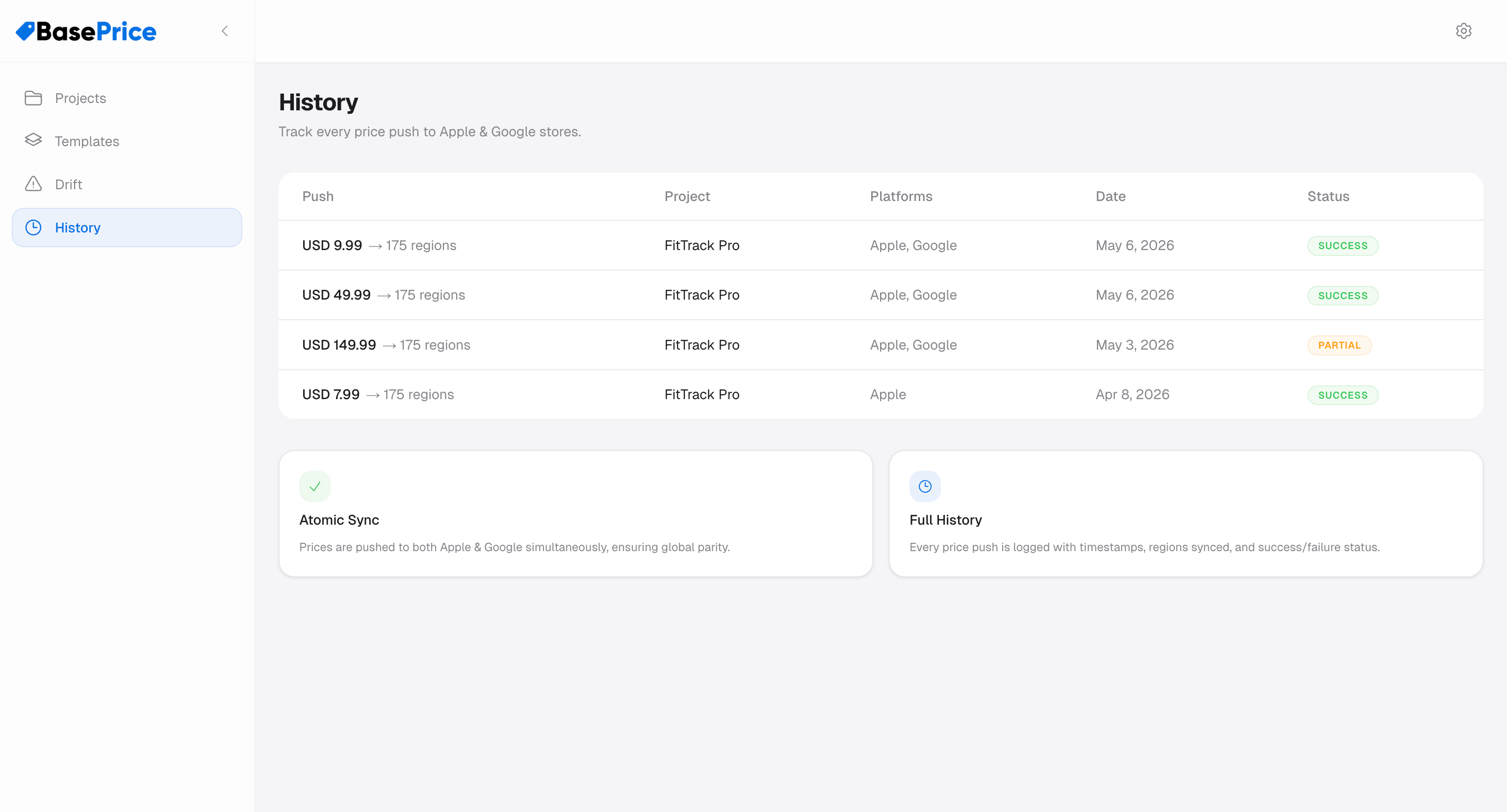 Publish history list showing past publishes with status badges and timestamps