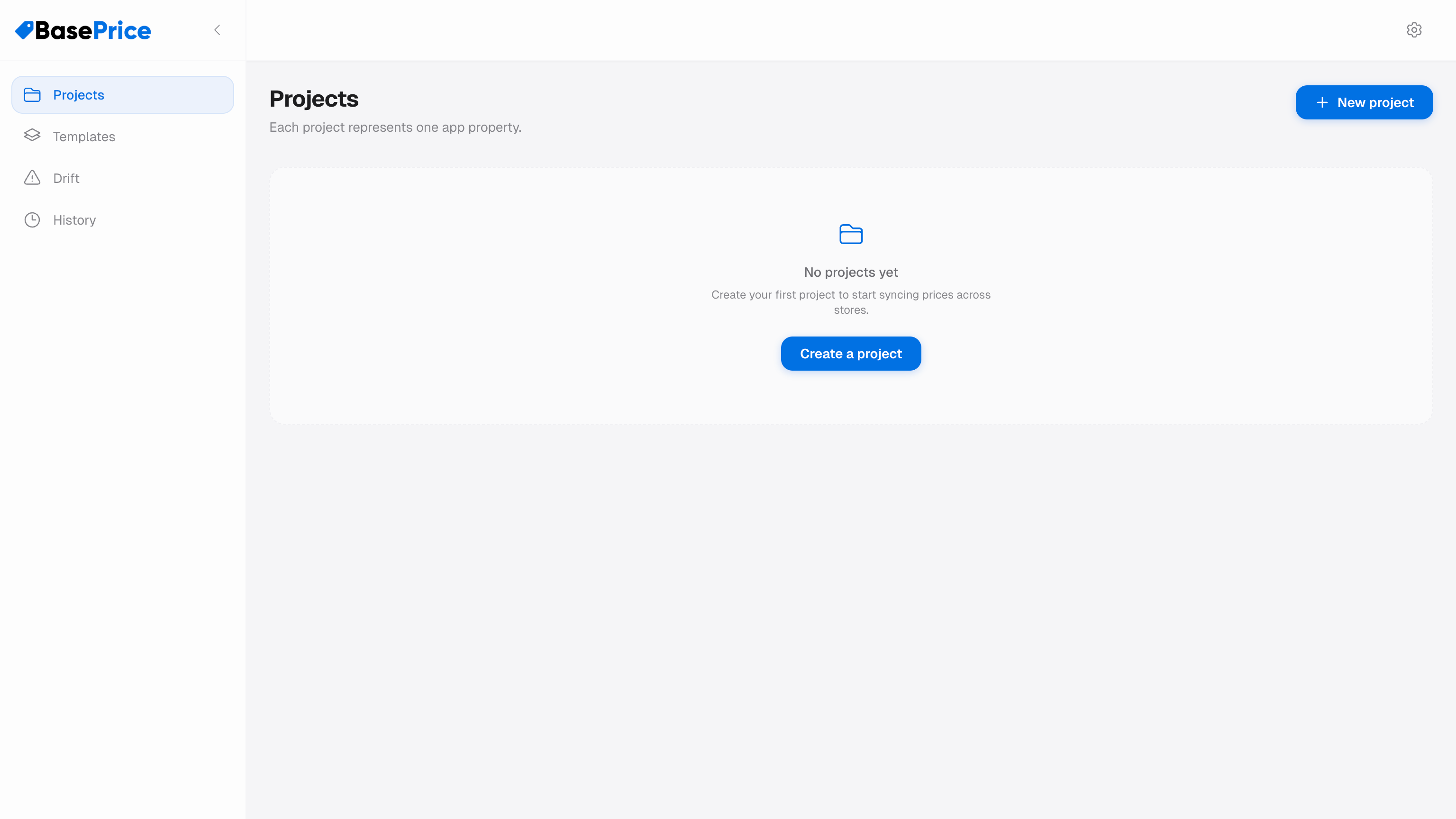 BasePrice dashboard with the New Project button highlighted