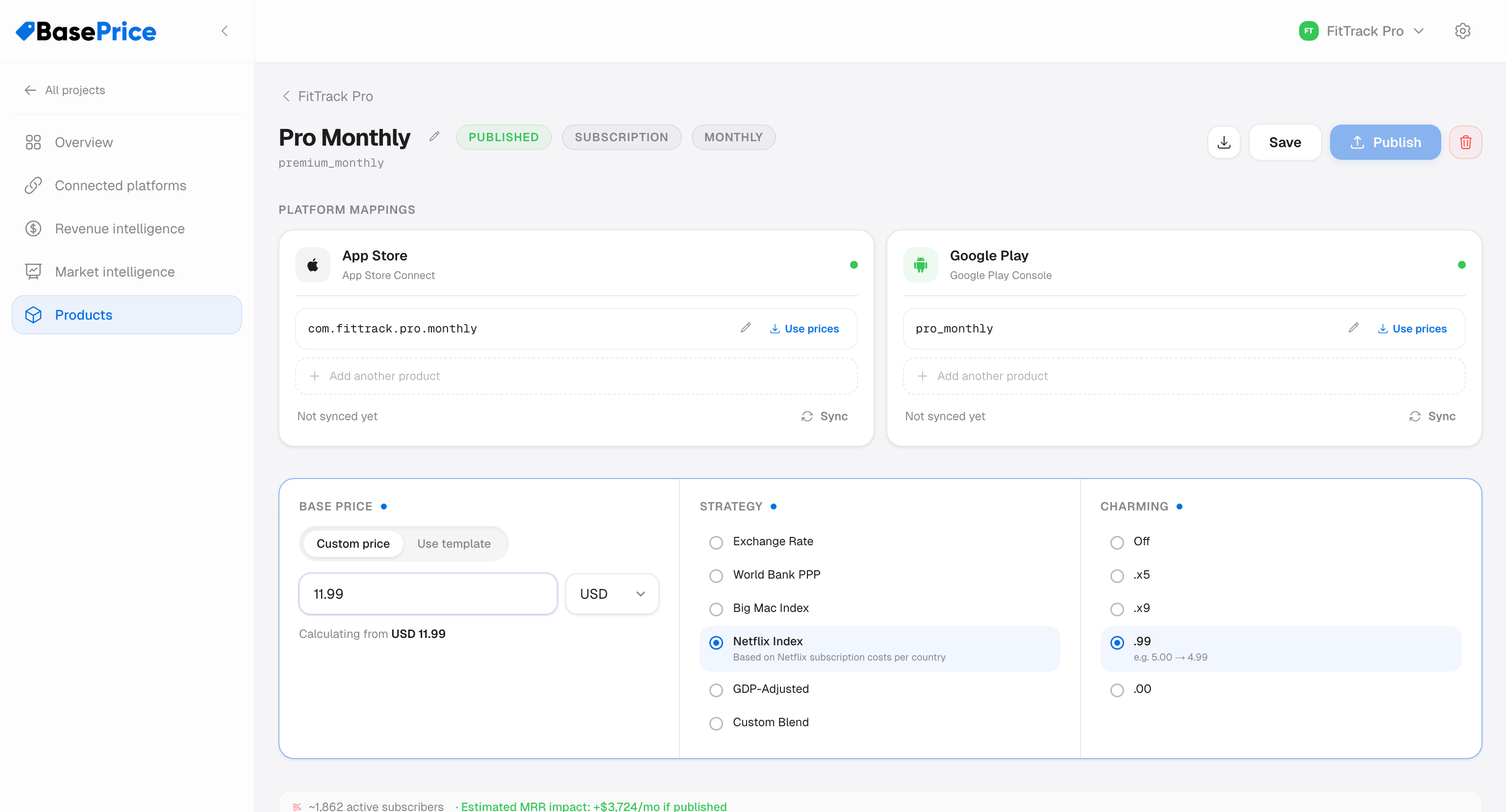 BasePrice workflow showing project setup, product configuration, pricing, and publishing